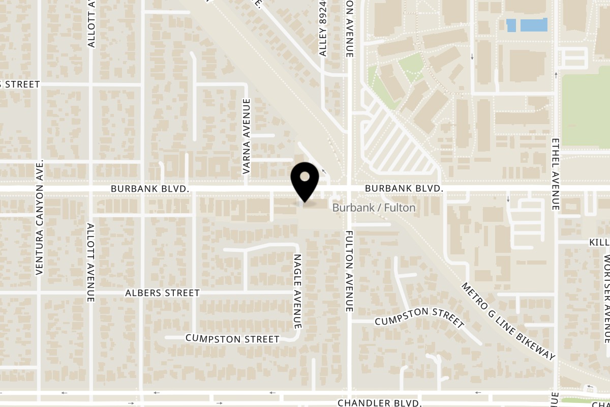 Map showing the location of The Kluckin’ Chicken Sherman Oaks on 13328 Burbank Blvd in Sherman Oaks