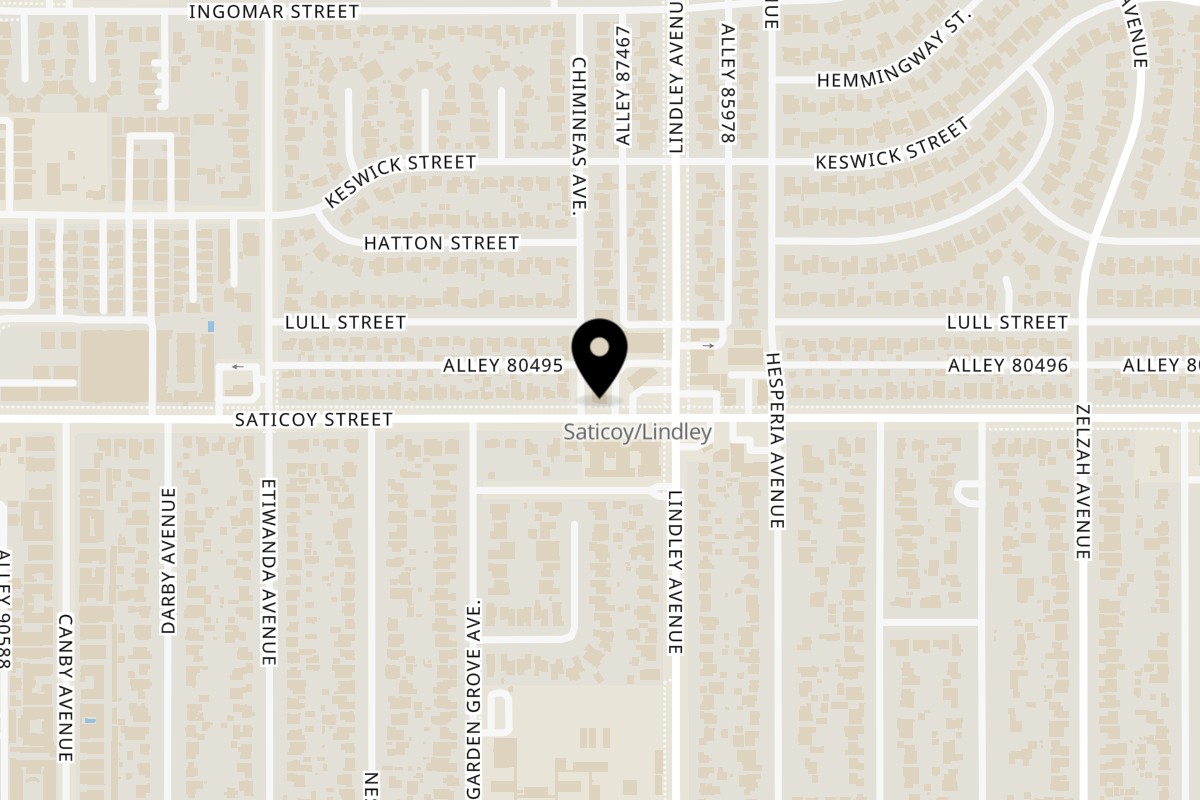 Map showing the location of The Kluckin’ Chicken Reseda on 18125 Saticoy St Unit A in Reseda